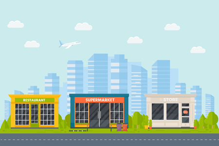 Set of vector flat design restaurants exterior and shops facade: book store, barber shop, supermarket, coffee. Store front window buildings icons with city background.のイラスト素材