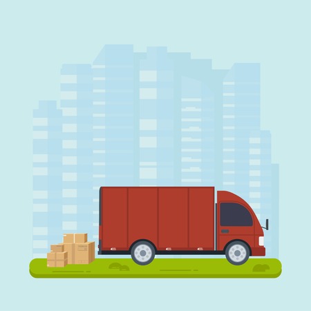Logistics and delivery service concept: truck, lorry, van with package and city background. Postal service creative banner design. Vector flat illustrationのイラスト素材