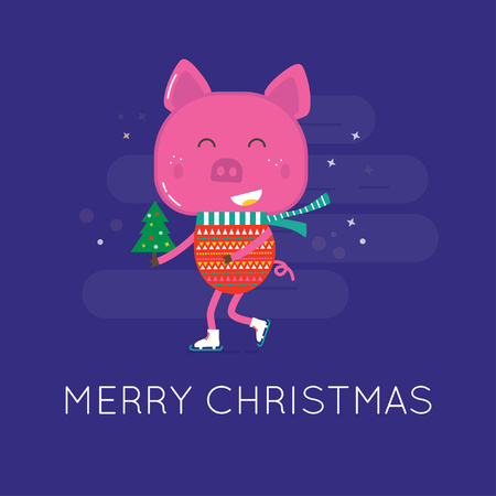 Merry Christmas greeting card with cute animals: pig. Piggy, in a coat  with scarf and tree. Flat style of icons for presents, invitation, children room, nursery decor, interior design.のイラスト素材