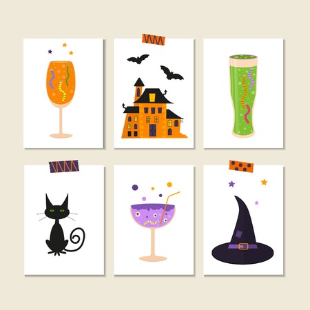 Set of cute vector Halloween stickers of pumpkin, castle, cat, ghost, candy, bat, hat, cocktails. Elements, objects for holiday card, holliday invitation and party designのイラスト素材