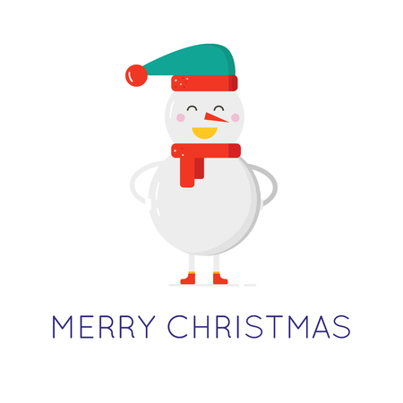 Merry Christmas greeting card, cute snowman  with hat and scarf. Flat style of icons for presents, invitation, children room, nursery decor, interior design.のイラスト素材