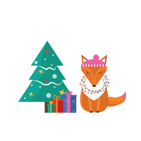 Merry Christmas greeting card with fox, tree and presents . Flat style of icons for presents, invitationのイラスト素材