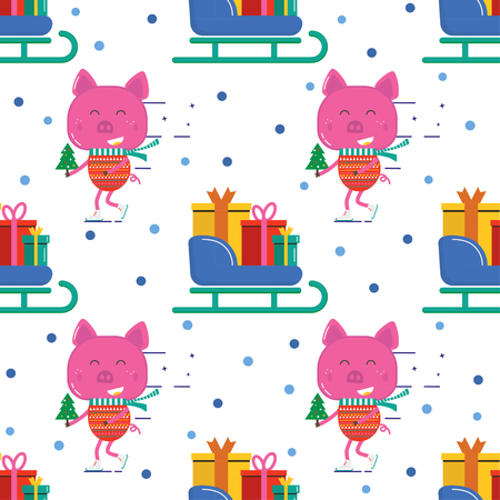 Seamless pattern for Merry Christmas greeting card with cute  pig, sleigh and giftsl . Illustration for presents, invitation, children interior design, scrapbooking.のイラスト素材