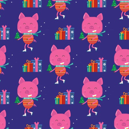 Seamless pattern for Merry Christmas greeting card with cute  pig, tree and giftsl . Illustration for presents, invitation, children interior design, scrapbooking.のイラスト素材