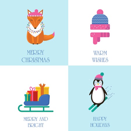 Merry Christmas greeting card with cute animals: penguin, fox and sleigh with gifts . Flat style of icons for presents, invitation,holiday interior designのイラスト素材