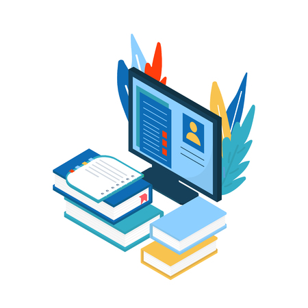 Online education concept. Isometric illustration with book and computer for training courses, tutorials, lectures, specialization, teaching, language learning, university studies.Vectorのイラスト素材