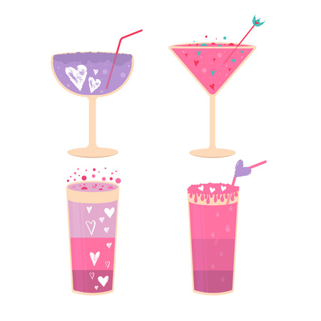 Lovely Valentines day icons with different glasses of wine, sweet cocktail and hearts . Stylish design for menu, prints, poster, invitation, party decoration. Vector.のイラスト素材