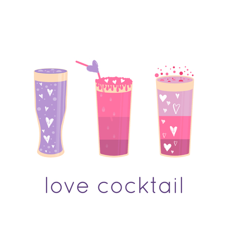 Lovely Valentines day gift card with different glasses of wine, sweet cocktail and hearts . Stylish design for menu, prints, poster, invitation, party decoration. Vector.のイラスト素材
