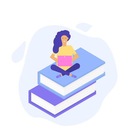 Student choosing book for tutorial, course. Online education technology and digital library concept. Can be used for landing page template,mobile app, design for web banner, infographics. Flat vector.のイラスト素材