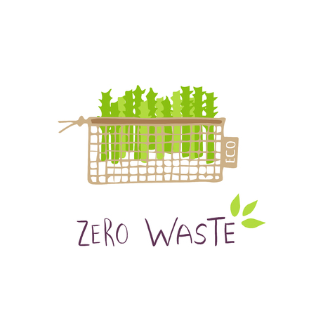 Hand drawn Zero waste concept set. No plastic elements of eco life: reusable paper, fabric cotton bags for food. Vector go green, bio or sign. Organic design templateのイラスト素材