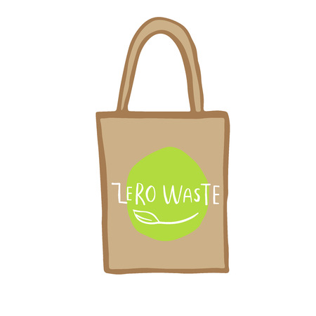 Hand drawn shopping bag with lettering Zero waste for green food, fruits, vegetables. Fabric, cotton canvas. Vector illustration of badge, tag for reusable paper, no plastic market, products packagingのイラスト素材