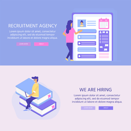 Recruitment agency, concept with characters for social media, documents, employee hiring, web banner, infographics, landing page. Illustration for recruiting, recruit resources, layout, research. Vectorのイラスト素材