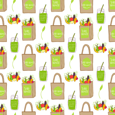 Seamless pattern. Hand drawn Zero waste vector design. No plastic elements of eco life: reusable fabric cotton bags with vegetables and fruits. Vector go green, bio logo or sign.のイラスト素材