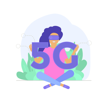 High-speed mobile 5G technology concept with characters. Communication wireless network systems and internet. Template for website, landing page, web banner. Vector illustrationのイラスト素材
