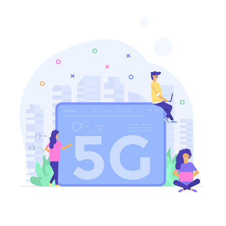 High-speed mobile 5G technology concept with characters. Communication wireless network systems and internet. Template for website, landing page, web banner. Vector illustrationのイラスト素材