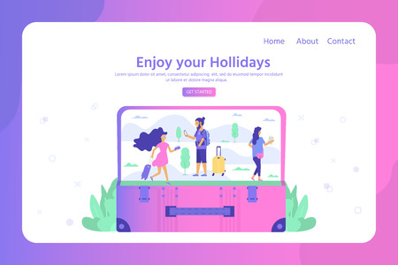 Set of baggage, laggage and young cute people. Travel and tourism concept for website user interface template, online booking reservation, landing page, banner, flight tickets service. Vectorのイラスト素材
