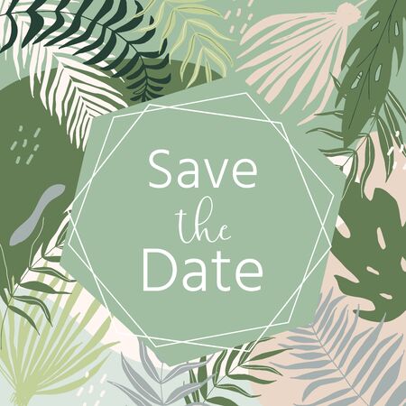Wedding invitation with floral, tropical leaves, wreath, geometrical. Vector template for birthday, baby shower, flyer, banner with calligraphy,  save the date card. Elegant hipster rustic background.のイラスト素材