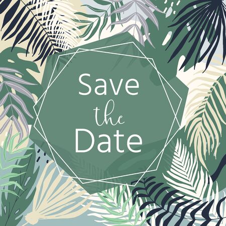 Wedding invitation with floral, tropical leaves, wreath, geometrical. Vector template for birthday, baby shower, flyer, banner with calligraphy,  save the date card. Elegant hipster rustic background.のイラスト素材