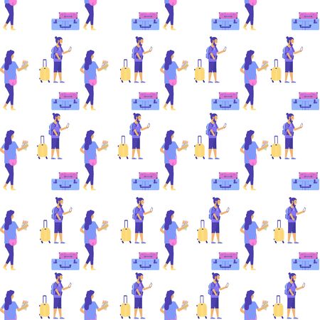 Seamless pattern of different types of baggage, luggage, suitcase on white background. Flat style vector illustration. Set of tourism and traveling icons with voyage packing and handbagのイラスト素材