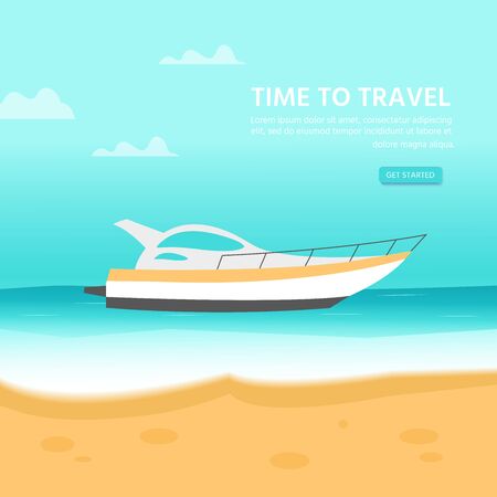 Design template for website with sea, ocean and nautical vehicles: sail boat, ship,  luxury yacht, speedboat. Creative flyer for beach summer holiday travel. Vector illustration.のイラスト素材