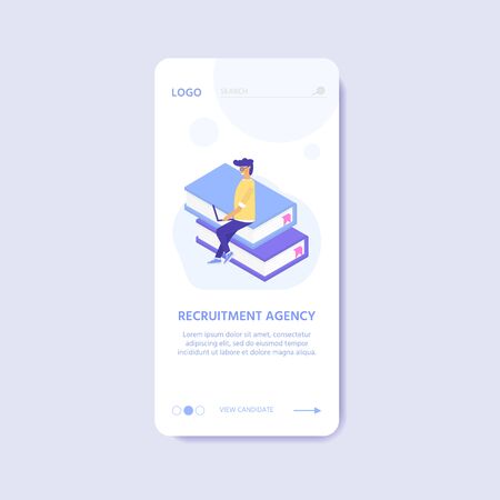 Recruitment agency, concept with characters for  documents, employee hiring, web banner, infographics, landing page. Illustration for recruiting, recruit resources, layout, research. Vectorのイラスト素材