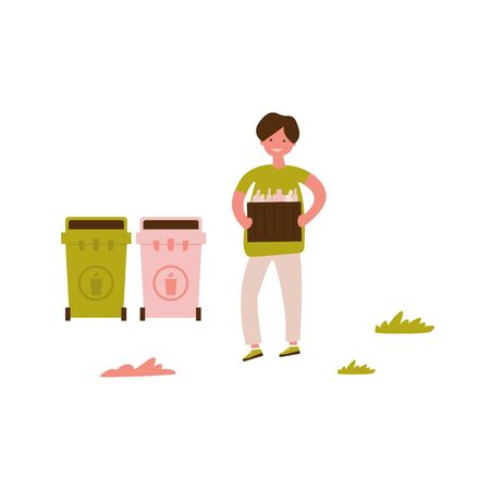 Volunteer young man is cleaning garbage on the city park, small people. Vector illustration of volunteering for Social workers concept. Banner templateのイラスト素材