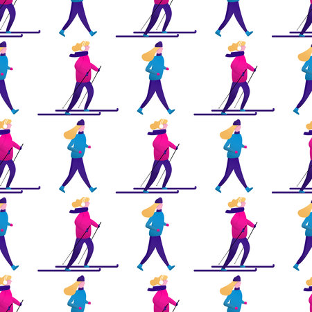Seamless pattern with Winter landscape and small people, men and women, children and couple. Vector scene with skiing, skating. Flat characters do sports. Christmas design for greeting card, textileのイラスト素材