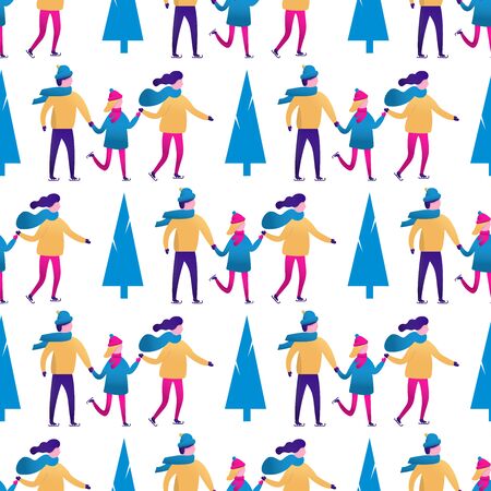 Seamless pattern with Winter landscape and small people, men and women, children and couple. Vector scene with skiing, skating. Flat characters do sports. Christmas design for greeting card, textileのイラスト素材
