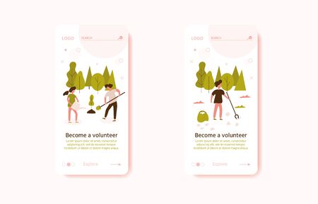 Volunteer team of young man and woman are planting tree on the city park, small people. Vector illustration of volunteering for Social workers concept. Banner templateのイラスト素材