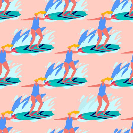 Seamless pattern with people surfing in beachwear with surfboards. Young women amd men enjoying vacation on the sea, ocean. summer sports and leisure outdoor activities. Flat vectorのイラスト素材