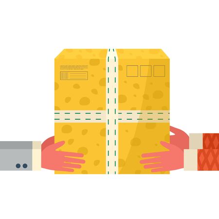 Online delivery service concept. Courier hands holds package, parcel and give it to customer. Order tracking the postal cardboard box. Delivery to home and office. Vector, flat design.のイラスト素材