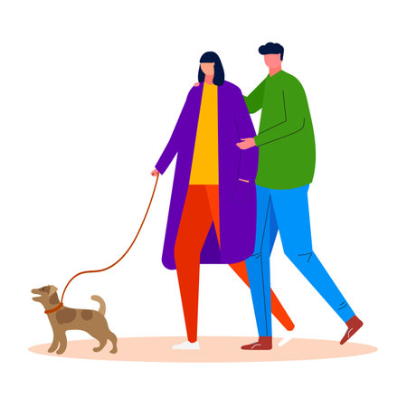 Cute woman and man walking with dog on leash in the park. Outdoor activity concept. Vector illustration. Adorable couple and pet isolated on white backgroundのイラスト素材