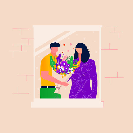 Men giving flowers to women , couple spending time together in open window with brick wall. Happy family relaxing. Husband and wife talking . Vector illustration of romantic relationshipのイラスト素材