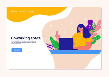 Landing page template with woman sitting in front of desktop wearing headphone. Concept of distance work place or home office modern. Coworking, freelance, teamwork. Vector Website web page templateのイラスト素材
