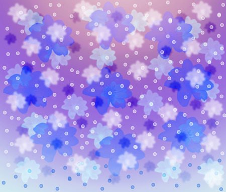 On a motley lilac background blue, white flowers and white small circles with effect are located bokeh.の写真素材