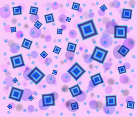 On a pale pink background dark blue concentric squares, pink circles and blue small stars are located.の写真素材