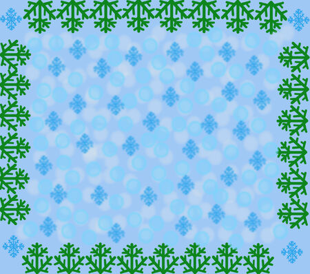 The New Year's background of blue colour is with snowflakes and green branches along the edges.The background has effect bokeh.の写真素材