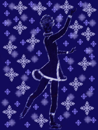 The fantastic girl in a crown dances on the fads.It is on a dark blue background in an environment of snowflakes.The background has effect bokeh.の写真素材