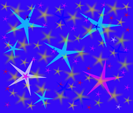 On a blue background there are bright colour stars.Stars are blue and pink.The background has effect bokeh.の写真素材