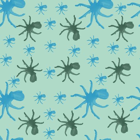 On a pale green background there are large blue octopuses and dark green little octopuses. seamless patternの写真素材