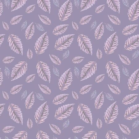 On the pale lilac background are the prints of pale lilac leaves with the effect of watercolor.の写真素材