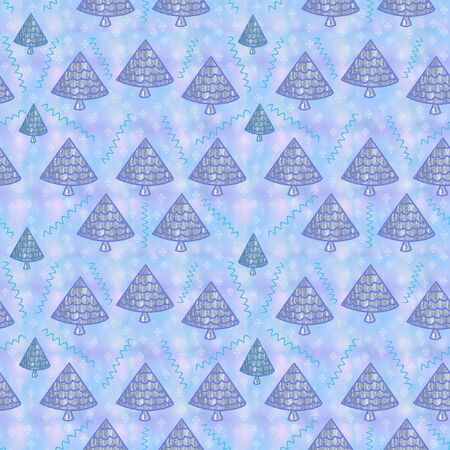 On a light blue background there are lilac textured Christmas trees and snowflakes, blue serpentine. This is a seamless pattern.の写真素材