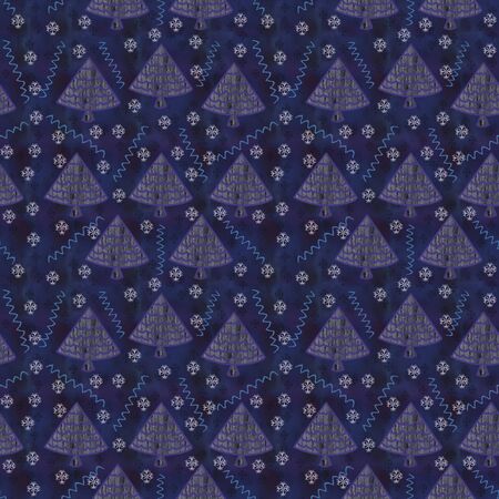 On a textured purple background there are lilac textured Christmas trees and white snowflakes, blue serpentine. This is a seamless pattern.の写真素材