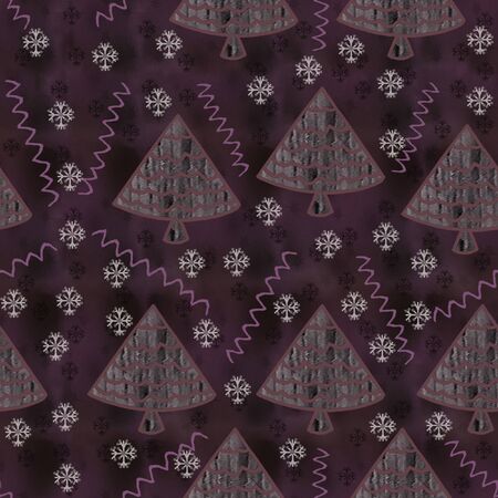 On a claret background there are textured Christmas trees and white snowflakes, pink serpentine. This is a seamless pattern.の写真素材