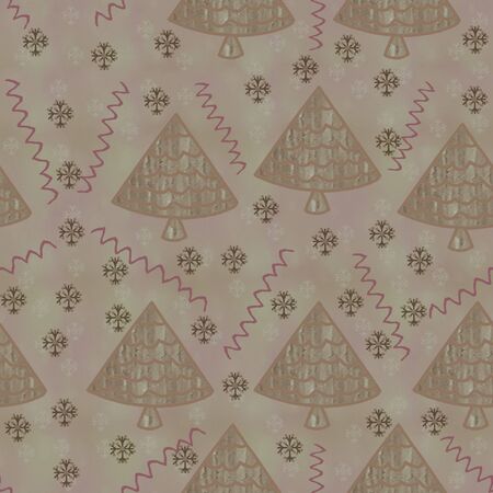 seamless pattern. On a beige background, there are Christmas trees with snowflakes and serpentineの写真素材