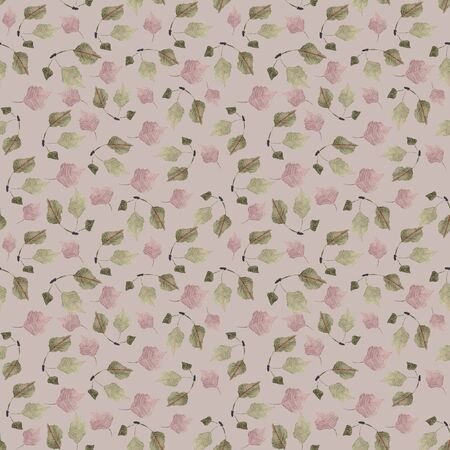 Seamless pattern of green and pink birch leaves arranged on a pale pink background.の写真素材