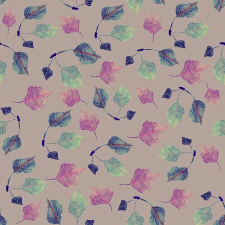On a gentle beige light background a seamless pattern of autumn birch leavesの写真素材