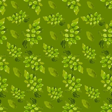 On a bright green background are a watercolor drawing of green fruits with branches and leaves. Seamless ornamentの写真素材