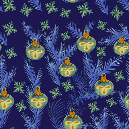 On a blue background seamless ornament watercolor of Christmas ornaments green balls, with blue branches of pine and snowflakes.の写真素材