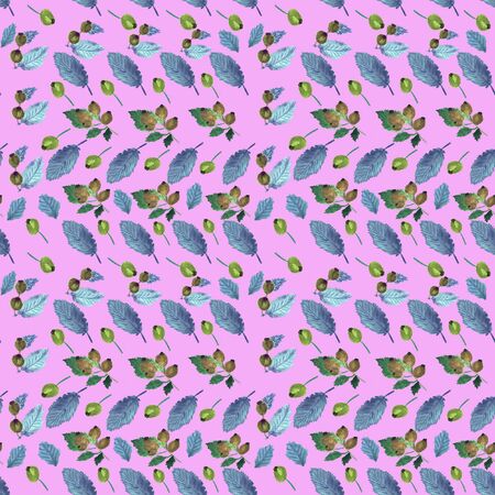 On a pink background there is a watercolor drawing of green rose hips with branches and blue leaves. Seamless ornament.の写真素材